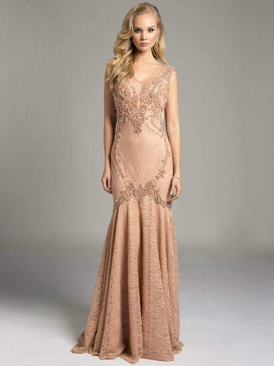 Lara Dresses - Embellished Sheer Trumpet Evening Gown 33229 in Neutral