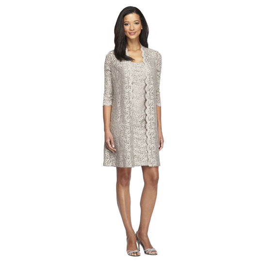 Alex Evenings - 4121655 Square Neck Lace Dress with Open Jacket in Silver and White