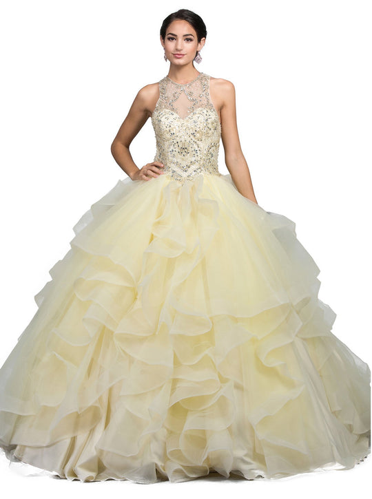 Dancing Queen - 1243 Embellished Halter Ruffled Quinceanera Ballgown In Yellow
