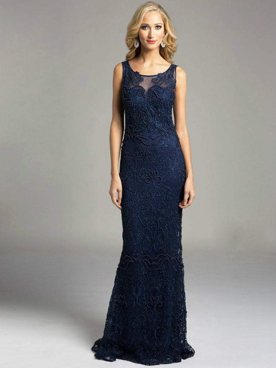 Lara Dresses - Sheer Bateau Illusion Sheath Evening Gown with Faux Pearls and Lace Appliques 33227, Blue
