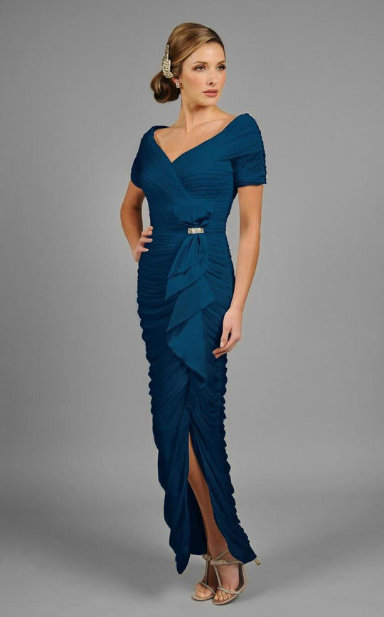 Daymor Couture - Shirred Off Shoulder Long Gown 8031 in Blue