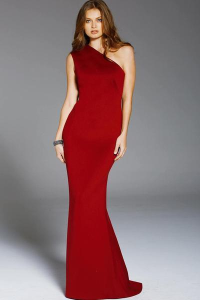 Jovani - One Shoulder Fitted Scuba Sheath Gown 57588 - Red