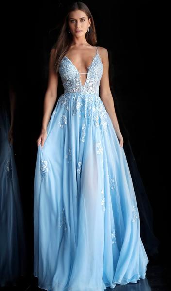 Jovani - Embroidered Deep V-neck A-line Dress 58632 In Blue