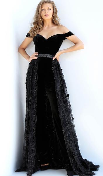 Jovani - Off Shoulder Velvet Jumpsuit Overskirt Gown 58964 - Black
