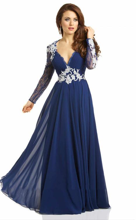 Lara Dresses - Stunning V-Neck A-Line Dress 32538 in Blue and White