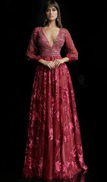 Jovani - Plunging V-Neck Floral Embroidered Long Gown 62143 In Red