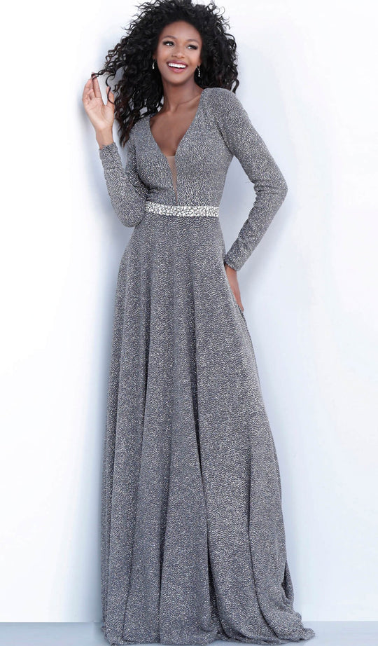 Jovani - Metallic Glitter Plunging V-Neck A-Line Dress 62812 In Gray and Silver
