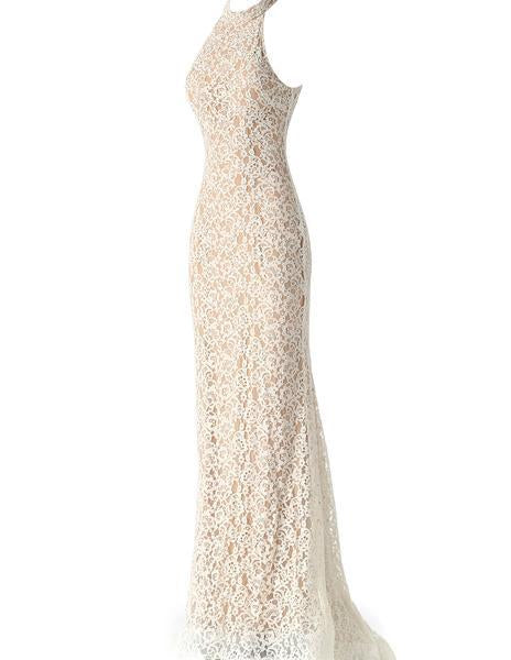 Jovani - High Halter Long Lace Trumpet Dress 63335 In White