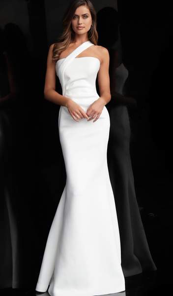 Jovani - One Shoulder Asymmetrical Strap Scuba Prom Dress 63750 In White