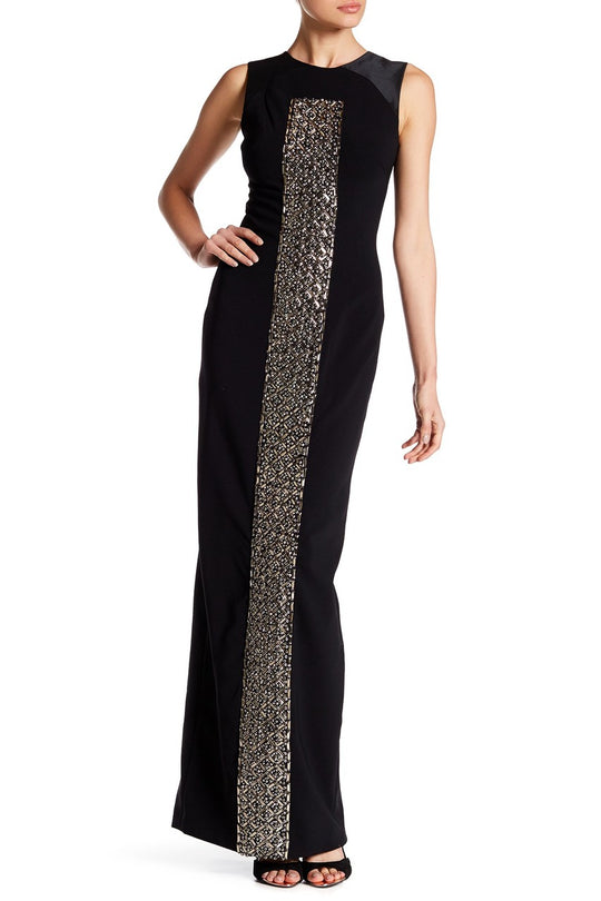 Theia - 883039 Embellished Front Crepe Gown in Black and Silver