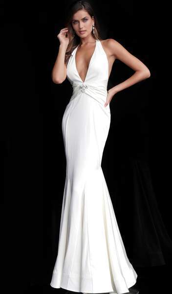 Jovani - Plunging Halter V-neck Mermaid Dress 66333 In White