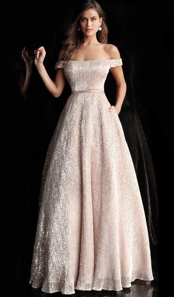 Jovani - Off Shoulder Allover Sequin Prom Gown 66951 In Neutral