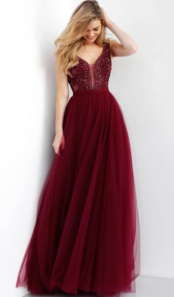 Jovani - Embellished V-neck Tulle Ballgown 67203 In Red