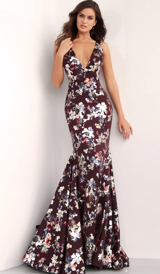Jovani - Plunging V Neck Floral Print Evening Dress 67362 In Red and Multi-Color