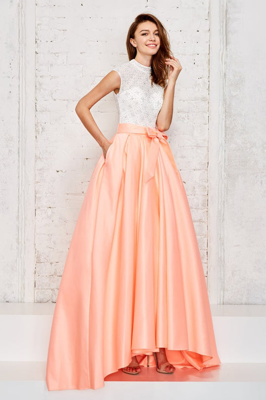 Angela & Alison - 71002 High Neck High Low Evening Gown In White and Orange