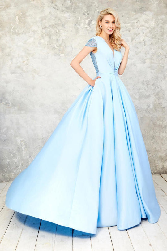Angela & Alison - 71043 Deep V-Neck Beaded Sleek Ballgown In Blue