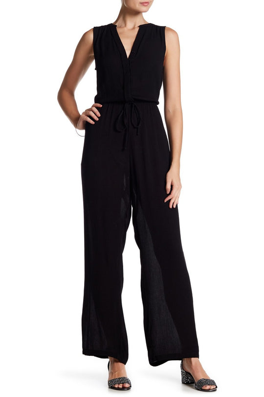 Nina Leonard - L5572A Front Placket Tie-Waist Jumpsuit in Black