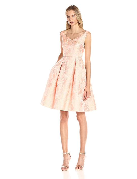 Maggy London - G2492M Metallic Jacquard A-Line Dress in Pink and Orange