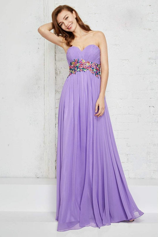 Angela and Alison - Strapless Multi-colored Embroidered Ruched Sweetheart Chiffon Dress 771143 in Purple