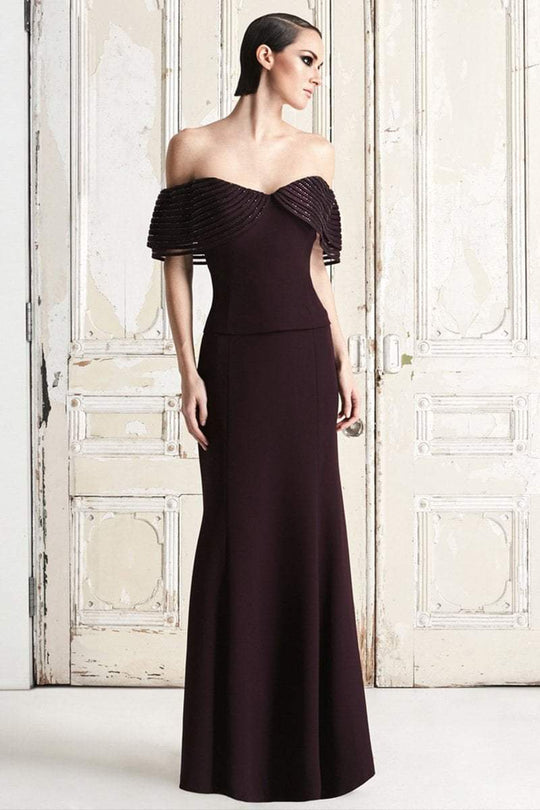 Alexander by Daymor - 771 Off Shoulder Striped Paneled Sheath Gown In Purple