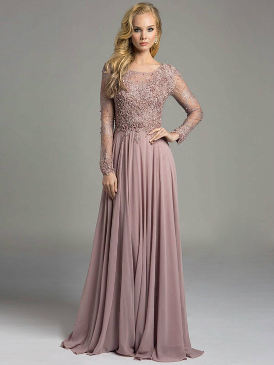 Lara Dresses - Long-Sleeved Bateau Illusion A-Line Evening Gown with Faux Pearl and Lace Applique Details 33228 in Purple