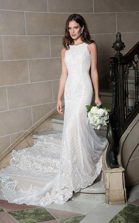 Rachel Allan Bridal - Lace Embroidered Bateau Sheath Gown M602 in White and Neutral