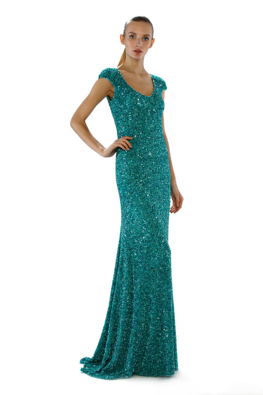 Theia - Sequined Cap Sleeve Gown 882361 in Green