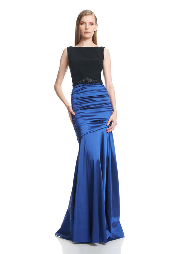 Theia - Sleeveless Jeweled Belt Ruched Gown 882629 in Black and Blue