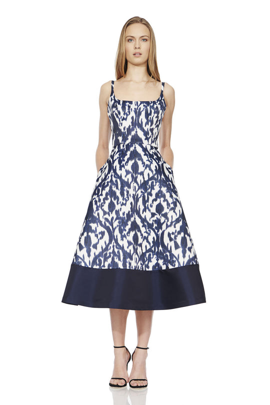 Theia - 882883 Batik Print Tea Length Dress in Blue and White