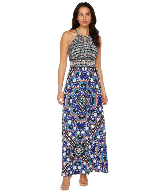 Maggy London - T2658MNR Mixed Ikat Keyhole Cutout Halter Maxi Dress in Multi-Color and Print