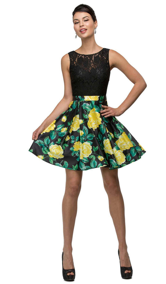 Dancing Queen - 9517 Floral Print Illusion A-Line Cocktail Dress