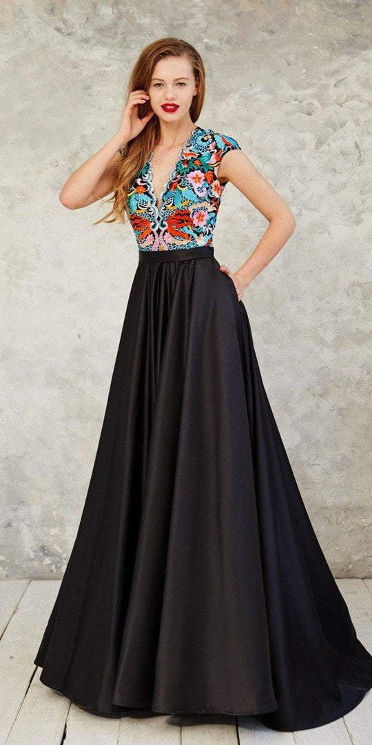 Angela and Alison - Floral Embroidered Satin V Neck Prom Dress 771079 in Black