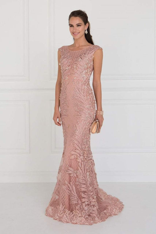 GL1534 Cap Sleeve Foliage Ornate Lattice Mermaid Gown