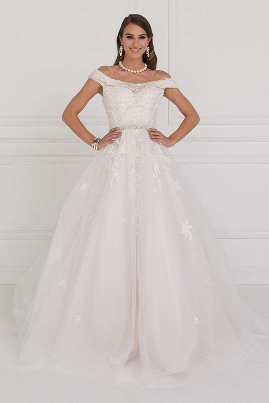 Elizabeth K Bridal Jewel Adorned Off Shoulder Trailing Paneled Gown GL1589 In White and Nude
