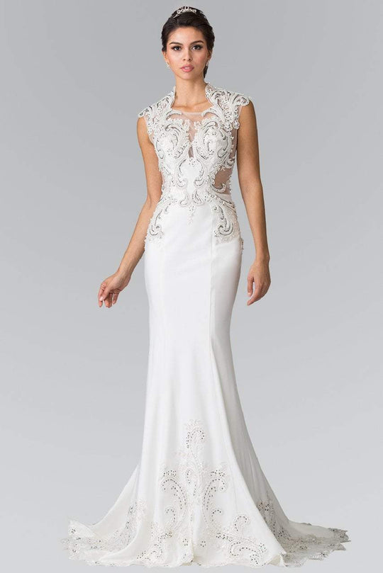 GL2326 Beaded Queen Anne Jersey Sheath Wedding Dress
