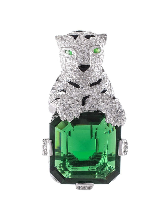 Jarin K Jewelry - Panther and Asscher Cut Brooch in Silver/Emerald