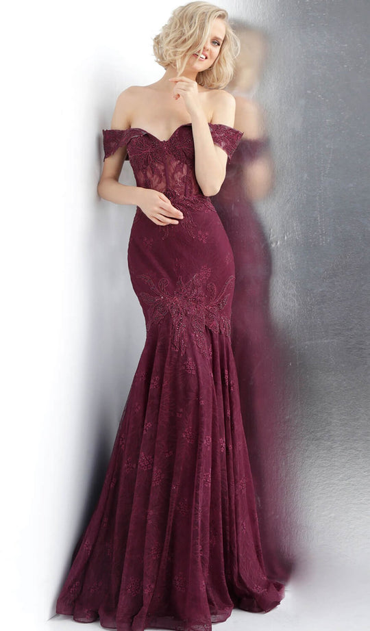 Jovani - Lace Foldover Off Shoulder Corset Trumpet Dress JVN66981 In Red
