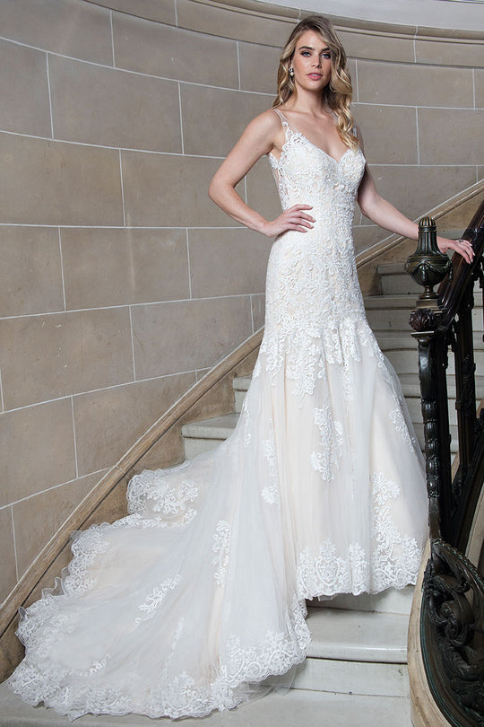 Rachel Allan Bridal - Floral Lace Appliqued Trumpet Gown M631 in White and Neutral