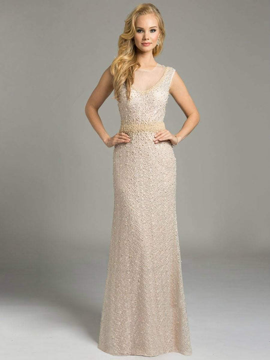 Lara Dresses - Pearl Embellished Jewel A-Line Evening Gown 33221 in Neutral