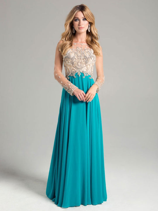 Lara Dresses - Illusion Bateau Chiffon A-Line Gown 32929 in Green
