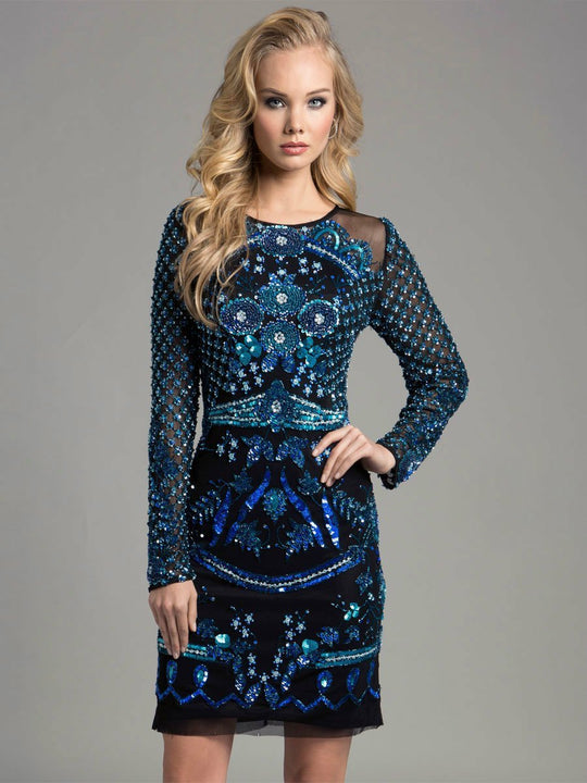Lara Dresses - Dazzling Long Sleeve Cocktail Dress with Intricate Beadworks 33270, Black, Blue