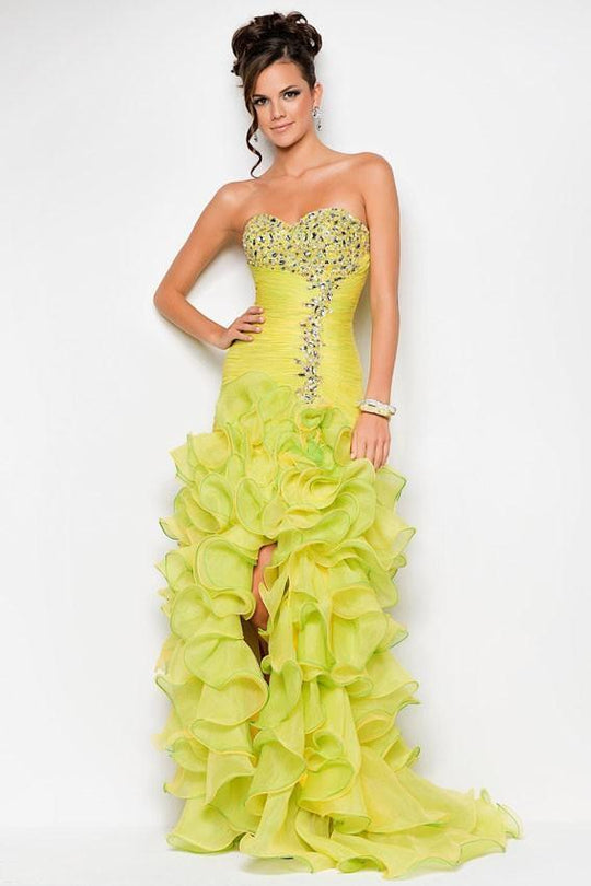 Blush - Strapless Pleated Ruffled Long Gown with Slit 9517 in Yellow