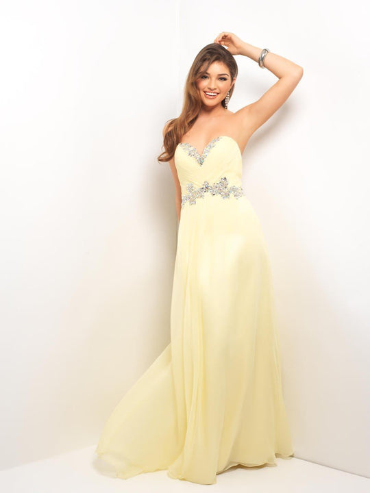 Blush - Strapless Pleated Long Dress with Floral Waistband 9616 in Yellow