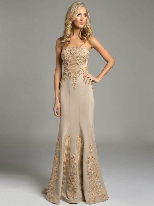 Lara Dresses - Strapless Floral Patterned Champagne Evening Gown 32978 In Neutral