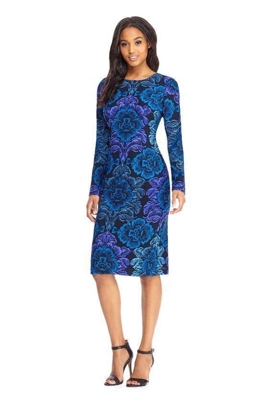 Maggy London - GSF03M Long Sleeve Floral Print Midi Dress in Blue and Print