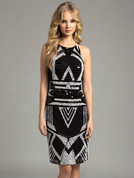 Lara Dresses - Bold Cocktail Dress with Unique Geometric Beadworks 33255 in Black and White