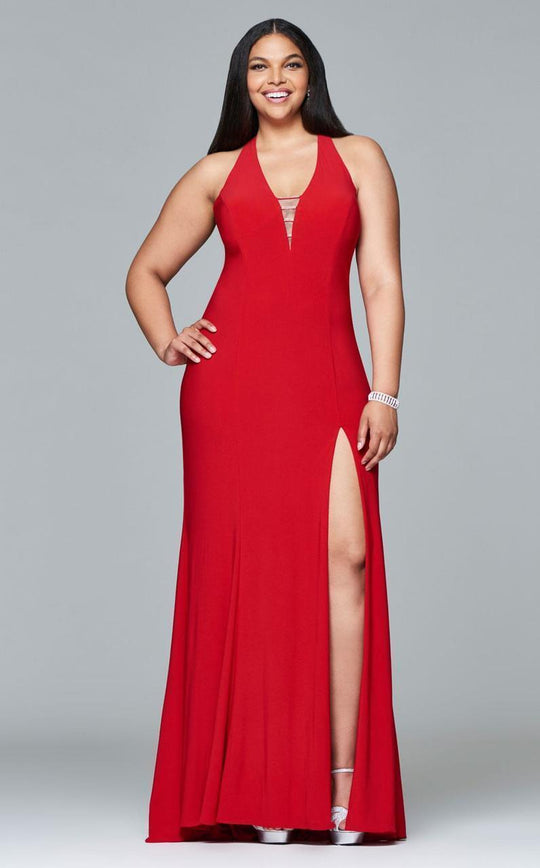Faviana  - Long jersey v-neck with front slit 9402 in Red