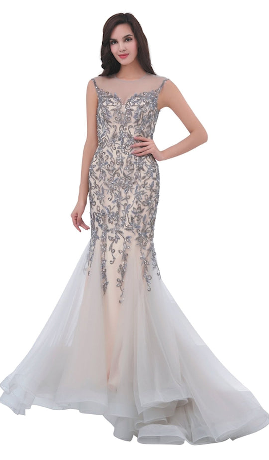 Jadore - J11325 Beaded Tulle Mermaid Dress In Gray and Nude