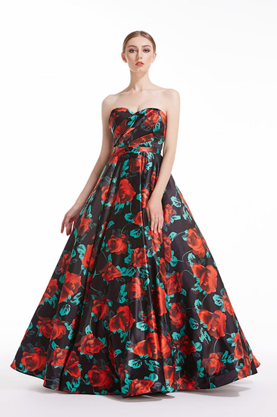 Jadore - J12042 Floral Print Strapless Sweetheart Ballgown In Black