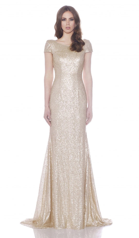 Jadore - J7114 Sequined Bateau Short Sleeve Trumpet Dress In Nude